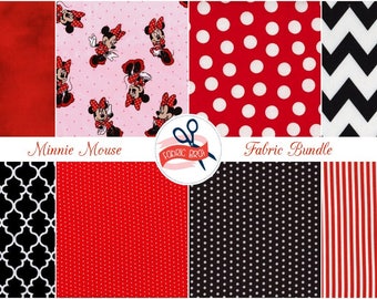 DISNEY MINNIE MOUSE Fabric by the Yard, Fat Quarter Fabric Bundle Pink Red & Black Fabric 100% Cotton Fabric Quilting Fabric Apparel Fabric