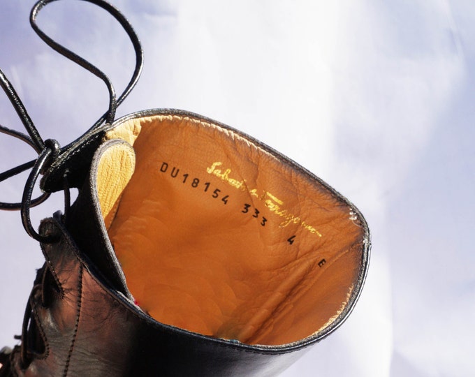 90s Salvatore Ferragamo Boots, Vintage Black Leather & Suede Lace Up Boots, 1990s Ferragamo Shoes, Size UK 4 USA 6 EU 37, Long Leather Boots