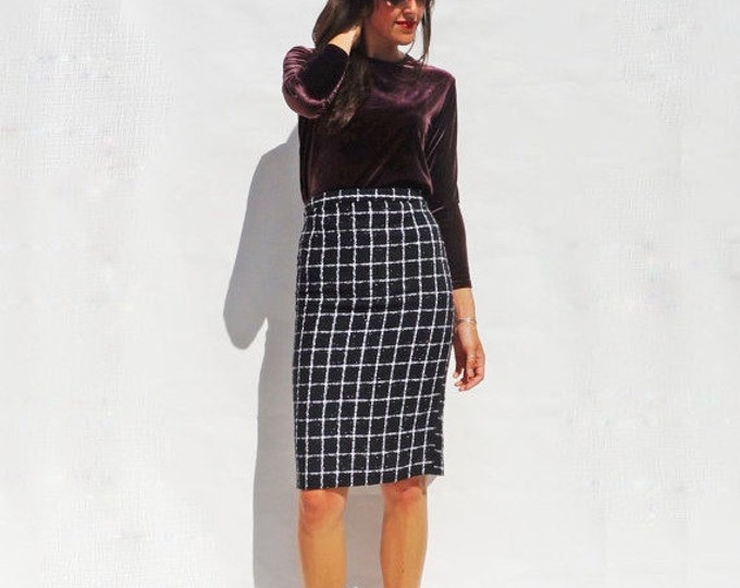 Check Pencil Skirt, Vintage 1970s Black High Waisted Metallic Check Pencil Skirt, 70s Knee Length Skirt, Secretary Skirt, Sexy Fitted Skirt