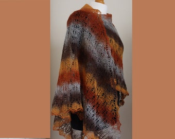 Hand knit triangular lace wool shawl