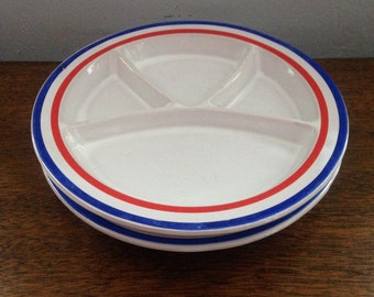 vintage kids divided plates, ceramic , red white and blue , set of 2