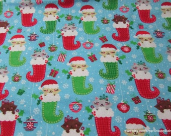 Christmas Flannel Fabric - Kittens in Stockings - By the yard - 100% Cotton Flannel