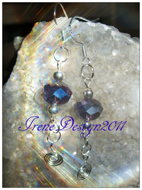 Handmade Silver Hook Earrings with Facetted Crystal by IreneDesign2011