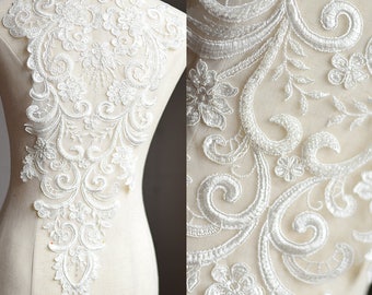 1PC Beaded Lace Applique,Off-White Lace Applique,Wedding Dress Applique,Bridal Dress,Beaded Lace Fabric,