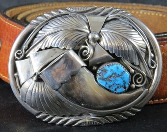 Navajo Belt Buckle Signed N King Sterling Handcrafted Silver Leaf Design, Turquoise Stone & Faux Claw Vintage Native American Art