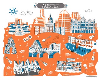 Wall Art-Austin-Art Print-3 Color-City Illustrations-10x8-Blue-Orange-Grey
