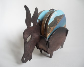 Spanish coasters with holder,donkey holder with 6 coasters,Vintage coasters set,1970 coasters