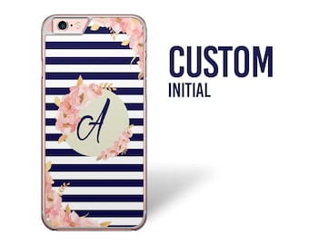 Custom Initial iPhone Case, Watercolor iPhone 6s Case, Pink Flower Case, iPhone 7 Case, Striped Navy Phone case, Floral iPhone 5 se