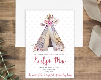 Tribal Tipee Baby Shower invitation | Printable (Digital) or Printed Invitations | Watercolor Floral | Aztec | Boho | Baby Girl | My Tribe