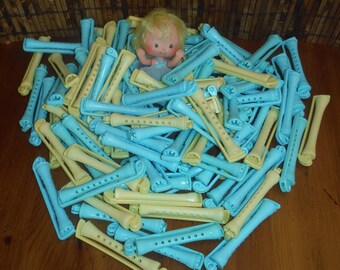 1970's Vintage Plastic Hair Perm Rods Curlers Lot - Vintage Turquoise Yellow Hair 3" Rollers Curlers - Mod Hairdressing Hair Stuff