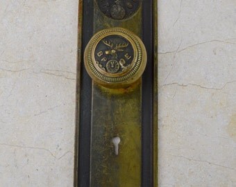 Antique BPOE Architectural Bronze Brass Elk Doorknob with Backplate, Antique Hardware