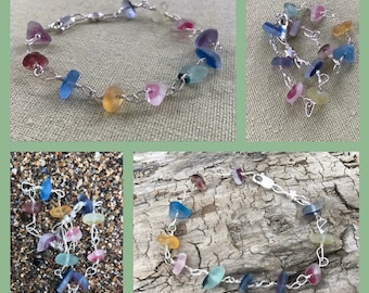 Delicate Sterling Silver Wire Wrapped English Multi Rainbow Seaglass Bracelet - Seaham End Of Day Sea Glass - Pink, Yellow Green Blue Purple