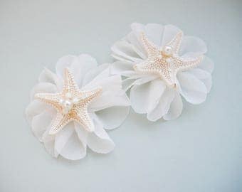 Starfish hair clips, Starfish chiffon flower Beach wedding Beach hair accessory Seashell Hair accessories Mermaid hair Accessories Nautical