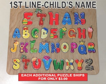 Wooden Childs Name Puzzle with Whimsical Alphabet and Engraved Back for Childs Birthday, Unique Gift for Child