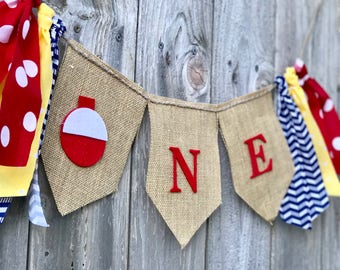 THE BIG ONE Fishing Birthday Banner Highchair Backdrop Photo Prop Burlap 1st Birthday Decoration Fisherman Theme