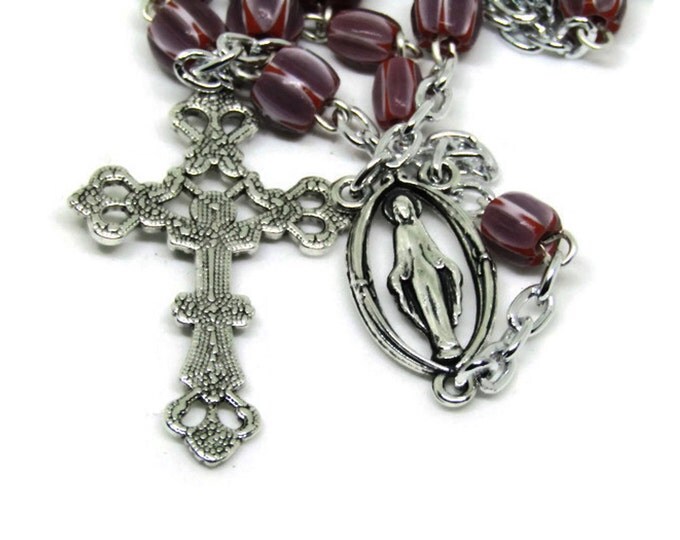 Catholic Rosary featuring Red Chevron Beads and Silver Crucifix and Center,