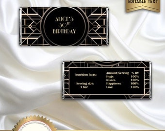 Great Gatsby Art Deco Candy Bar Wrappers, Birthday Candy Wrapper, Black and Gold - Digital File - EDITABLE text - DOWNLOAD Instantly