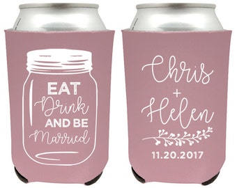 Eat Drink and Be Married Mason Jar Wedding Can Cooler, Rustic Mason Jar Wedding Favors, Personalized Beer Can Coolers for Wedding Favor (24)