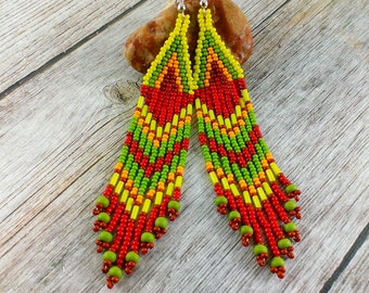 Beach jewelry Dangle earrings Long earrings Greenery jewelry yellow Sun jewelry Seed bead earrings Colorful earrings Kawaii jewelry