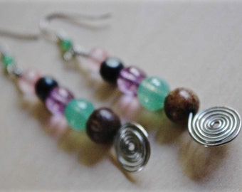 Spiral and Beaded Earrings- Purple, Pink, Wood, Jade, Dangle, Handmade, New Nature Arts, Natural, Colorful, Elegant, Bright, Rustic, Natural