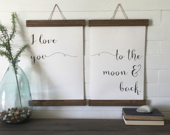 I love you to the moon and back/canvas art print/wood sign/canvas print/wall decor/set of 2/wall art