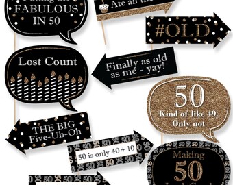 Funny Adult 50th Birthday - Gold Photo Booth Props - Birthday Party Photo Booth Prop Kit - 10 Photo Props & Dowels