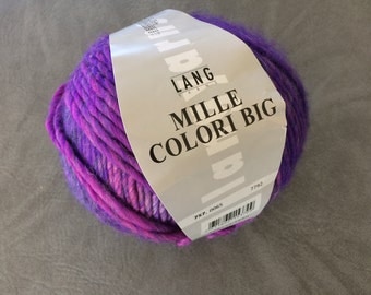 Lang Yarns, Mille Colori Big, 757 Pink and Purple, Huge Ball 200 Grams, De Stash, Wool Acrylic Blend, Very Soft and Squishy, Discontinued