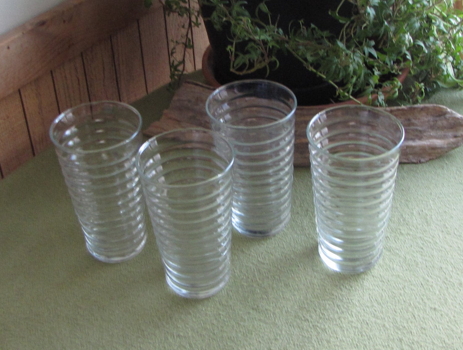 Ribbed Drinking Glass 12 oz. Tumblers Horizontal Retro Design