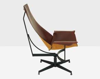 william katavolos for leathercrafter leather swivel sling chair, katavolos swivel chair, midcentury leather chair, katavolos chair, modern
