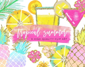 Tropical Clip Art, Watercolor Summer Clipart, Pineapple Summer Clipart, Beach Clipart, Lemon Clipart, Pineapple Clipart, signature drink
