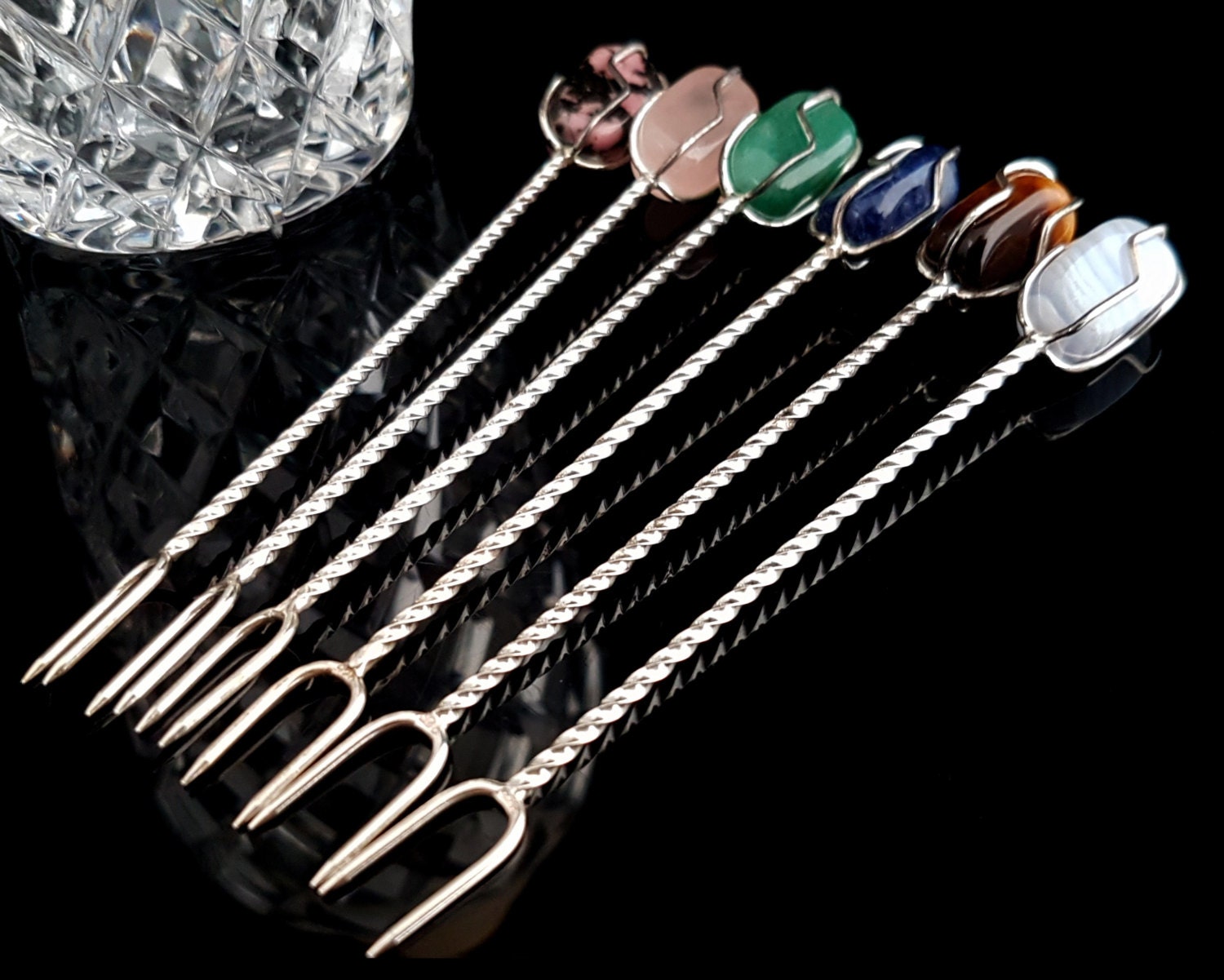 Vintage Sterling Silver 925 Cocktail Picks with Stones
