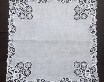 White cotton handkerchief vintage with lace border