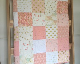 Baby girl quilt, crib quilt, brambleberry ridge, glitz, pink-blush-white-gold