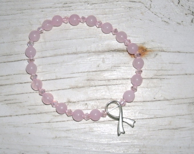 Cancer Ribbon bracelet - pink glass pearls & crystal beads, silver ribbon, cancer awareness, stretch bracelet, gift for her, custom size