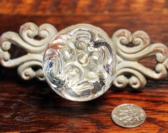 Glass Metal Knobs - Shabby Chic Knobs - Shabby Drawer Knobs - Glass Flower Knobs - Metal Scroll Knob - Glass Drawer Pulls and Knobs