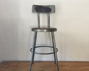 Vintage industrial steel stool in grey - nice worn patina