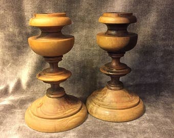 Vintage turned wood wooden candlesticks Set of 2