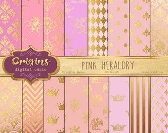 Pink Heraldry digital paper, Heraldic Pink and Gold Foil, Crowns, Unicorns, Gold Damask Heraldic Crests Backgrounds, Instant Download