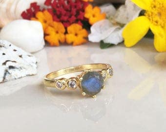 20% off- SALE!! Labradorite Ring - Grey Ring - Genuine Gemstone - Gold Ring - Stacking Ring - Tiny Ring - Rainbow Ring - Dainty Ring