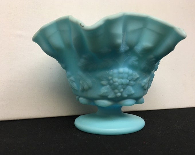 Storewide 25% Off SALE Vintage Westmoreland Blue Milk Glass Ruffled Centerpiece Bowl Featuring Raised Grape Pattern Design