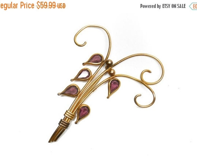 Storewide 25% Off SALE Vintage Gold Tone Amethyst Rhinestone Floral Wireworks Spray Brooch Featuring Eclectic Style Design