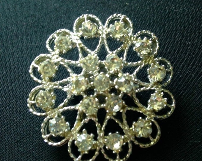 Storewide 25% Off SALE Beautiful Vintage Designer Rosette Rhinestone Encrusted Silver Tone Brooch Featuring Clear Lace Patterned Accents