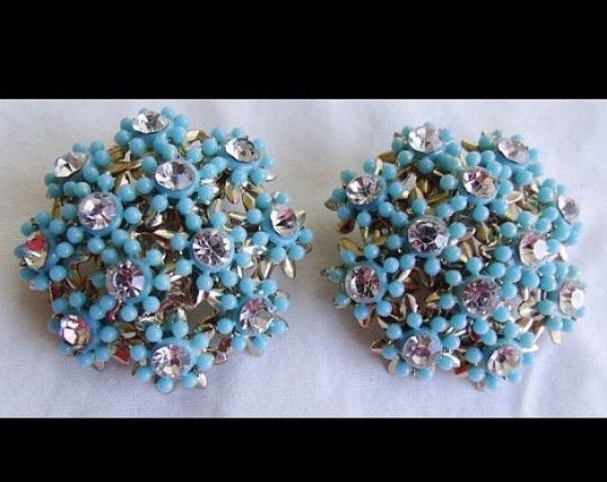 Storewide 25% Off SALE Vintage Baby Blue Beaded Cluster Style Designer Clip Earrings Featuring Subtle Rhinestone Accented Embellishments