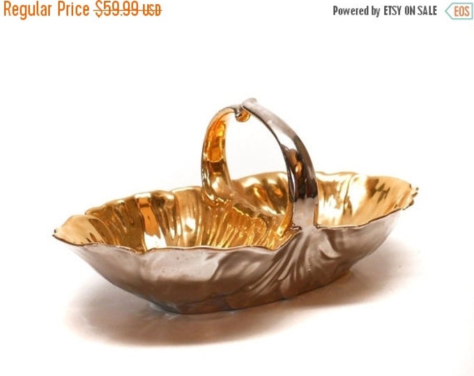 Storewide 25% Off SALE Vintage Czechoslovakia Gold & Silver Hand Gilded Designer Divided Decorative Basket Featuring Scalloped Ruffle Design