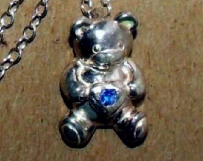 Storewide 25% Off SALE Beautiful Vintage Sterling Silver Bear Pendant Featuring Sapphire Embellished Belly Stone Accompanying a Sterling Sil