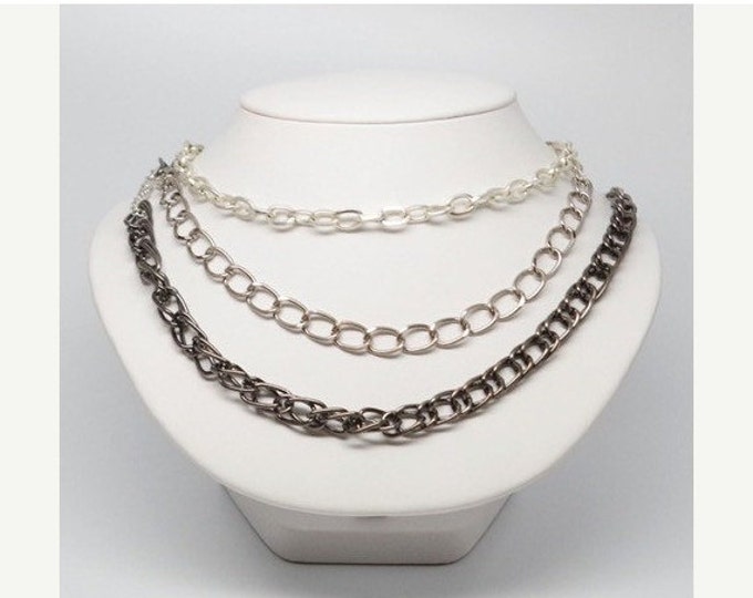 Storewide 25% Off SALE Vintage Silver Tone Multi Stranded Designer Fashion Necklace Featuring Graduated Chain Link Design