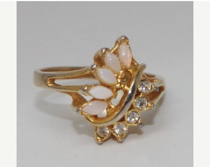 Storewide 25% Off SALE Vintage 10k Gold Faux Opal Cocktail Ring Featuring Clear Rhinestone Design Accents