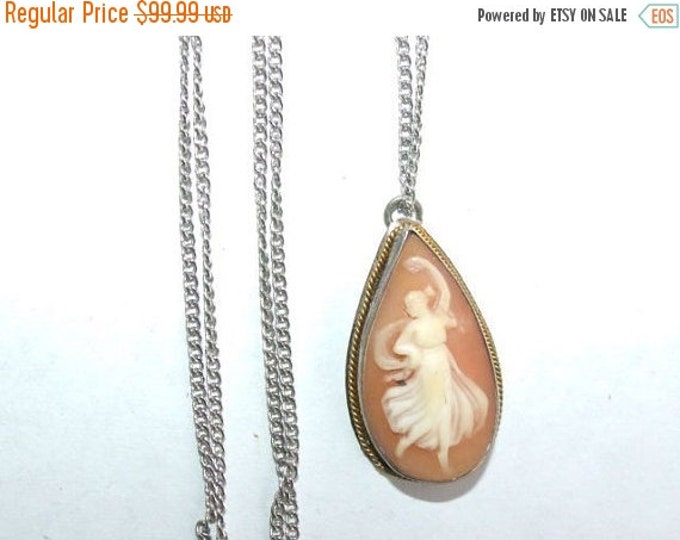 Storewide 25% Off SALE Beautiful Vintage Cameo Pendant on Long Sterling Silver Chain Featuring a Dancing Victorian Woman Iconic of The Cameo