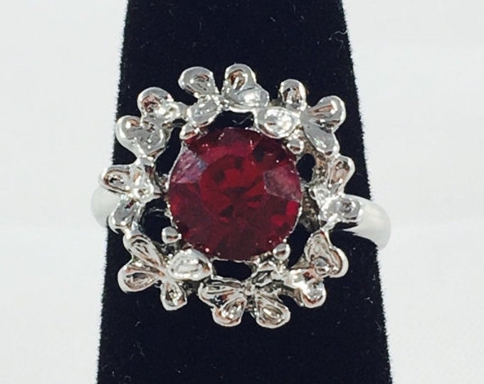 Storewide 25% Off SALE Vintage Silver Tone Ruby Red Rhinestone Adjustable Designer Cocktail Ring Featuring Butterfly Trim Design