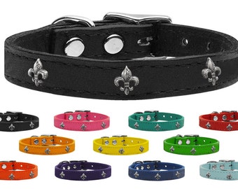Silver Fleur De Lis Widget Genuine Leather Dog Collars